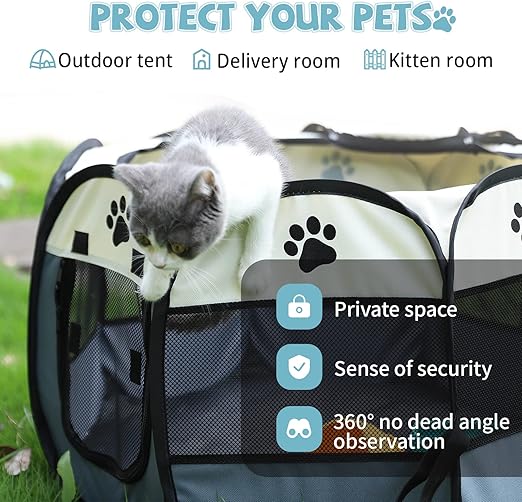 Portable Pet Playpen with Oxford Cloth, Foldable Octagon Dog & Cat Tent, Indoor & Outdoor Use size 74*74*43cm