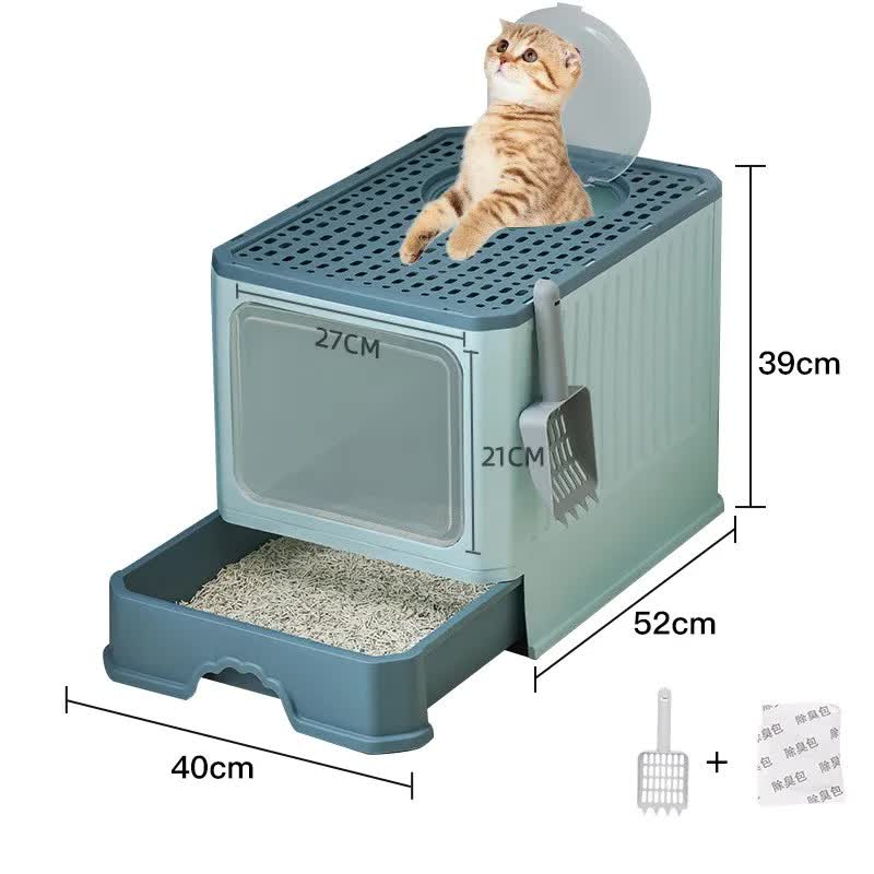 Top-Entry Cat Litter Box with Drawer-Enclosed Design, Easy Clean, Odor Control, Anti-Tracking Lid Green