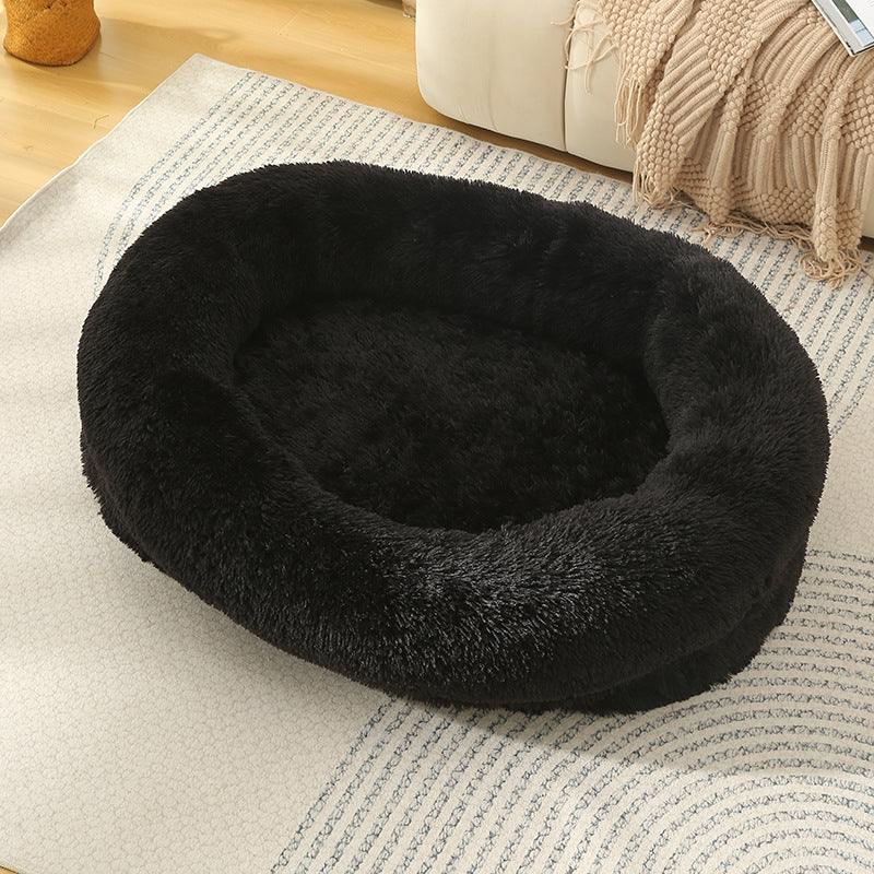 Fluffy Donut-Shaped Pet Bed- Soft, Cozy, and Anti-Anxiety for Dogs and Cats, Machine Washable Black Size:S 60*15*18cm