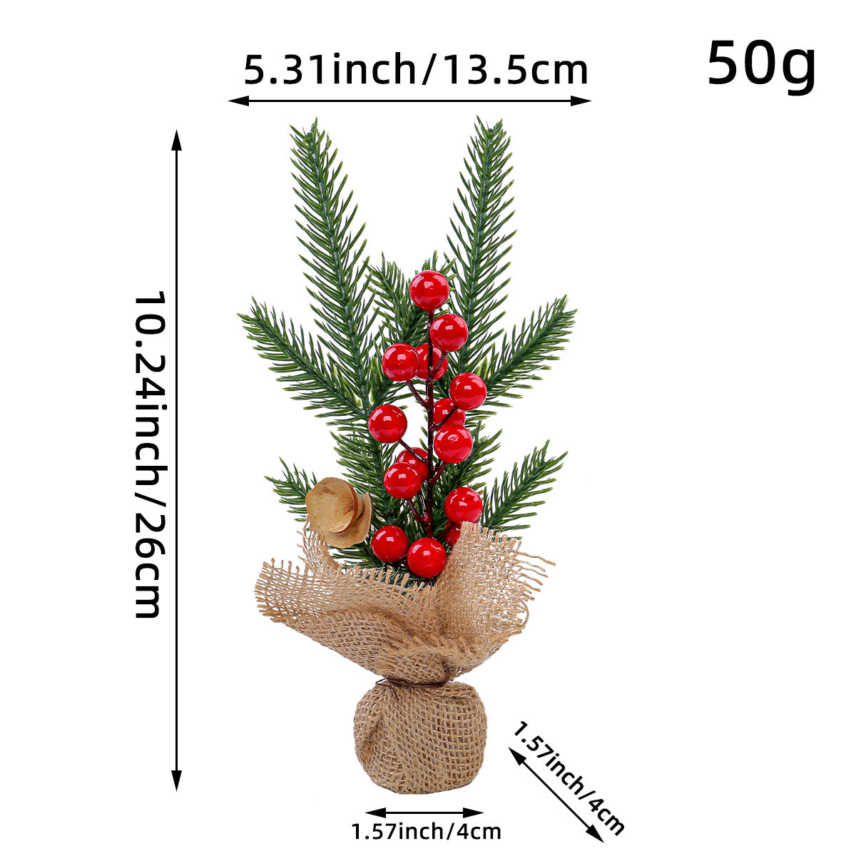 Mini Christmas Pine Tree Decoration - 10.24 Inches Tall with Red Berries and Burlap Base (4 trees)