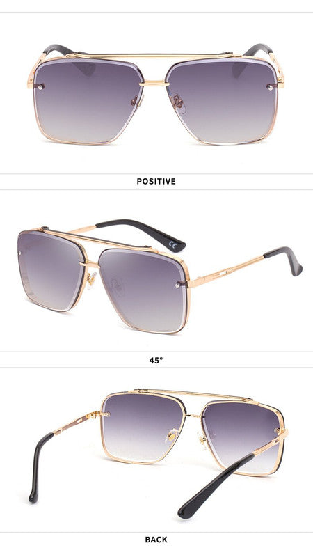 Gold Double Grey Square Sunglasses,Fashionable Men's Metal, UV400 Gradient Lenses for Timeless Style