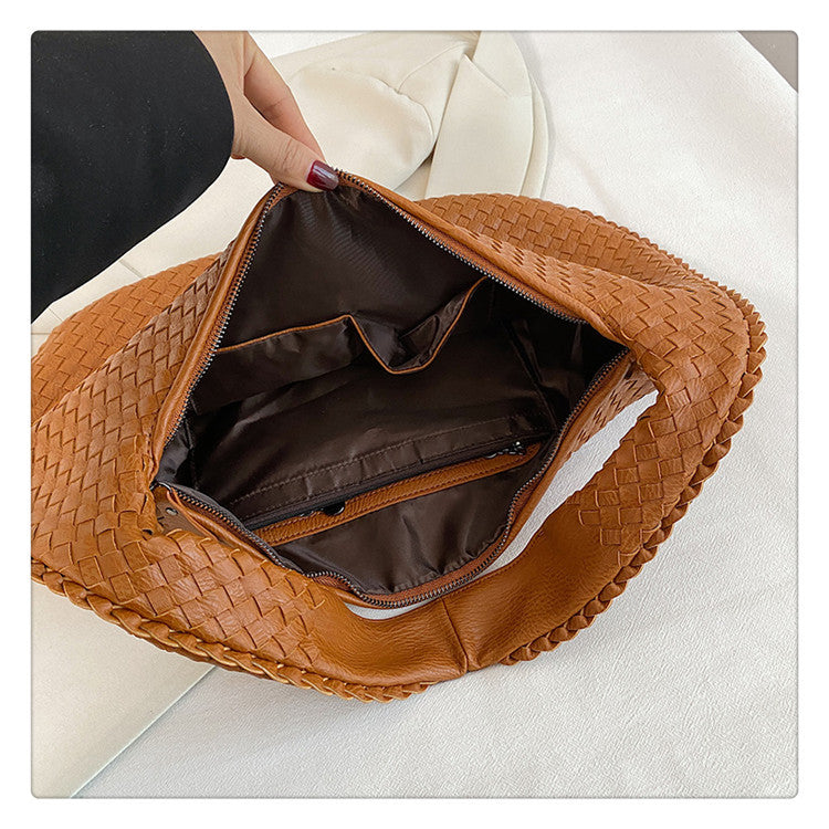 Luxury Woven PU Leather Hobo Bag - Elegant Shoulder Tote 34*21cm (Orange)