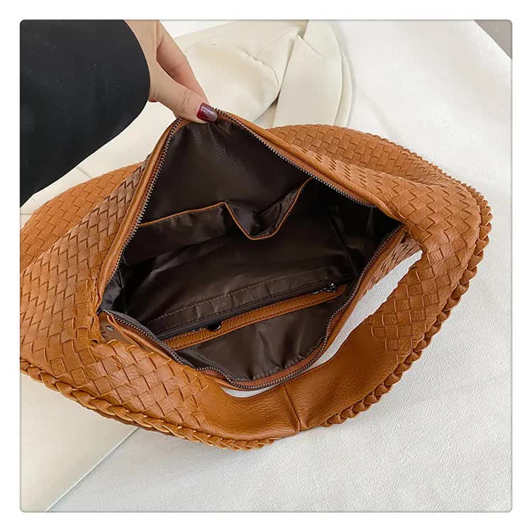 Elegant Woven PU Leather Hobo Bag - Soft Shoulder Tote 47*32cm (khaki)