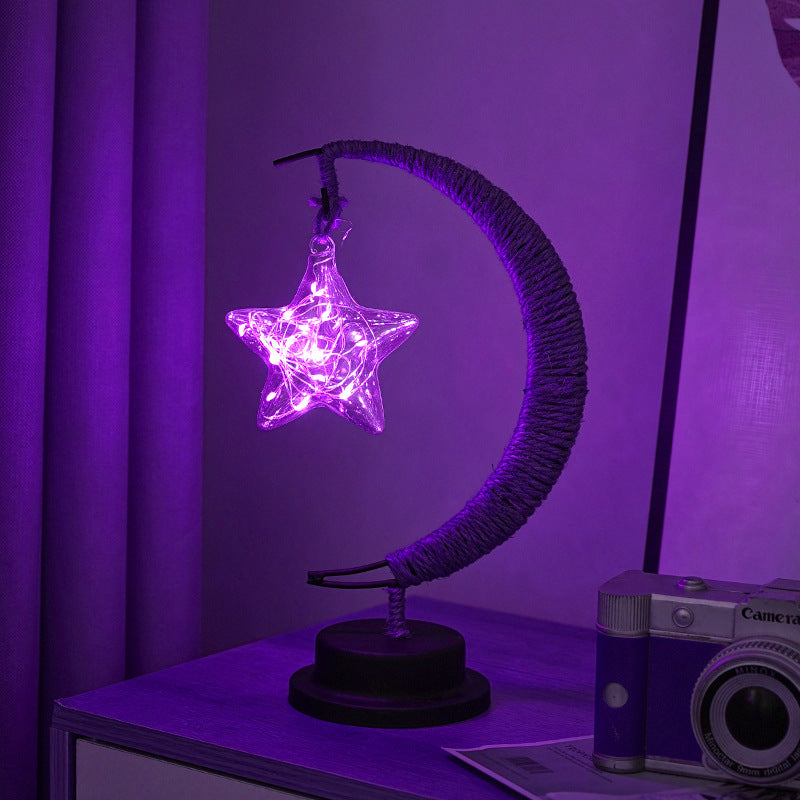 LED Multi-Shape Decorative Lights Purple Star, Moon, Apple USB Night Lights with Handmade Hemp Rope, Warm Iron Craft, Perfect Birthday & Christmas Gift