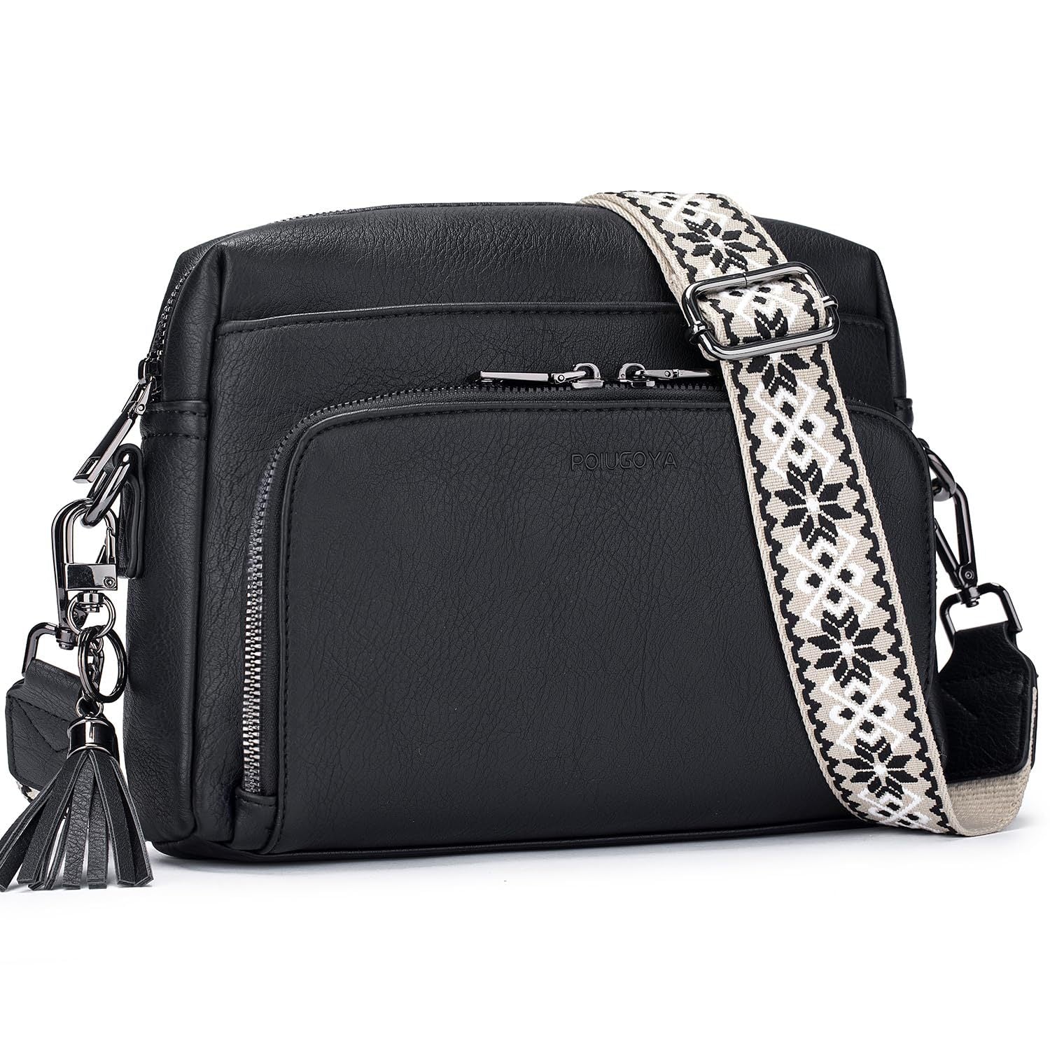 Black Vintage Multi-Zip Crossbody Bag with Card Slots and Adjustable Strap, Minimalist Solid Color Shoulder Bag