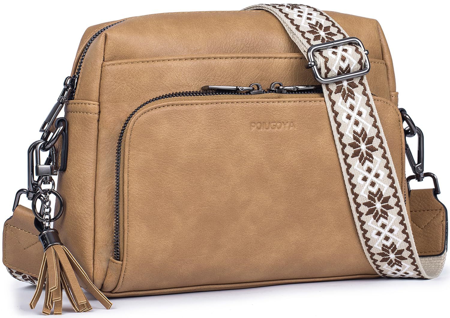 Light Tan Vintage Multi-Zip Crossbody Bag with Card Slots and Adjustable Strap, Minimalist Solid Color Shoulder Bag