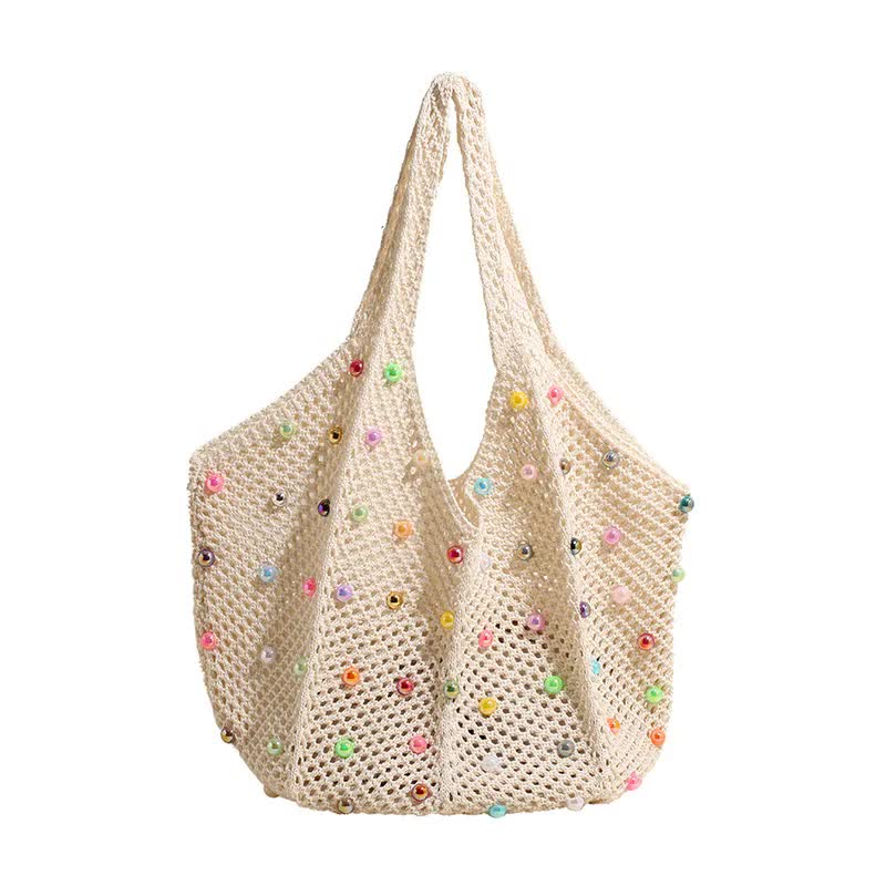 White Summer Woven Handbag β Hollow Straw Beach Tote with Colorful Beads, Lazy Style, Large Capacity Shoulder Bag for Vacation