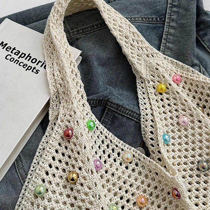 White Summer Woven Handbag β Hollow Straw Beach Tote with Colorful Beads, Lazy Style, Large Capacity Shoulder Bag for Vacation