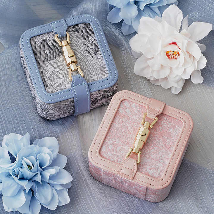 Blue Portable Vintage Embossed Jewelry Box - Flip-Top Necklace, Ring, and Earring Organizer with Elegant Design(The Jewelry is a prop for the photo shoot and is not included)