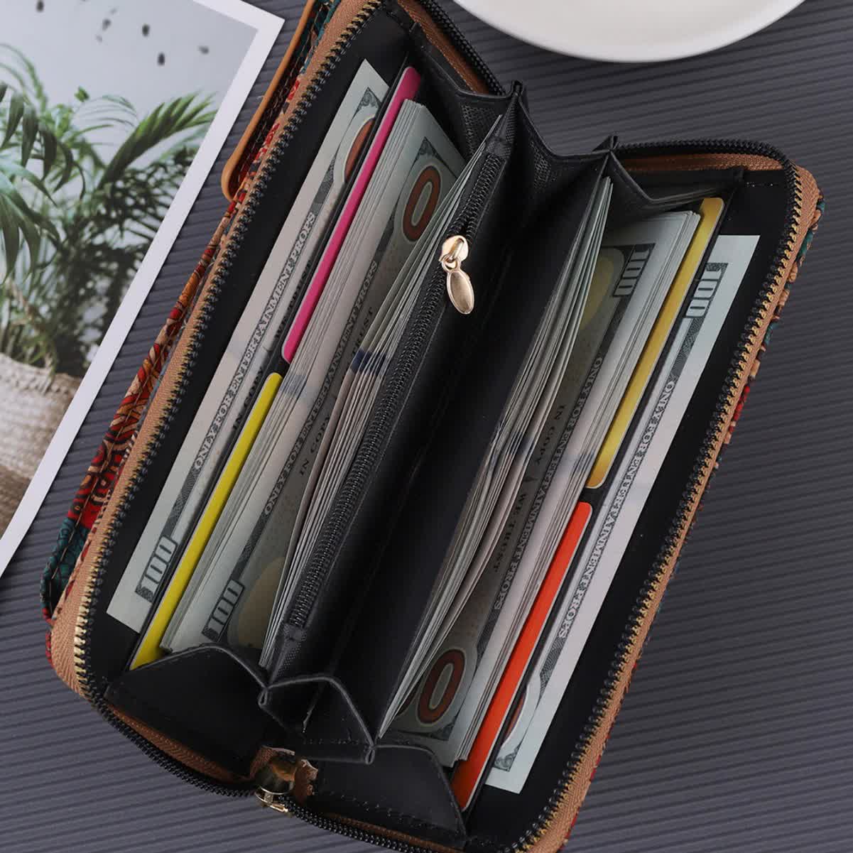 D Elegance Vintage Bohemian Style Wallet with Multi-Compartment Design - Large Capacity Zipper Clutch for Women