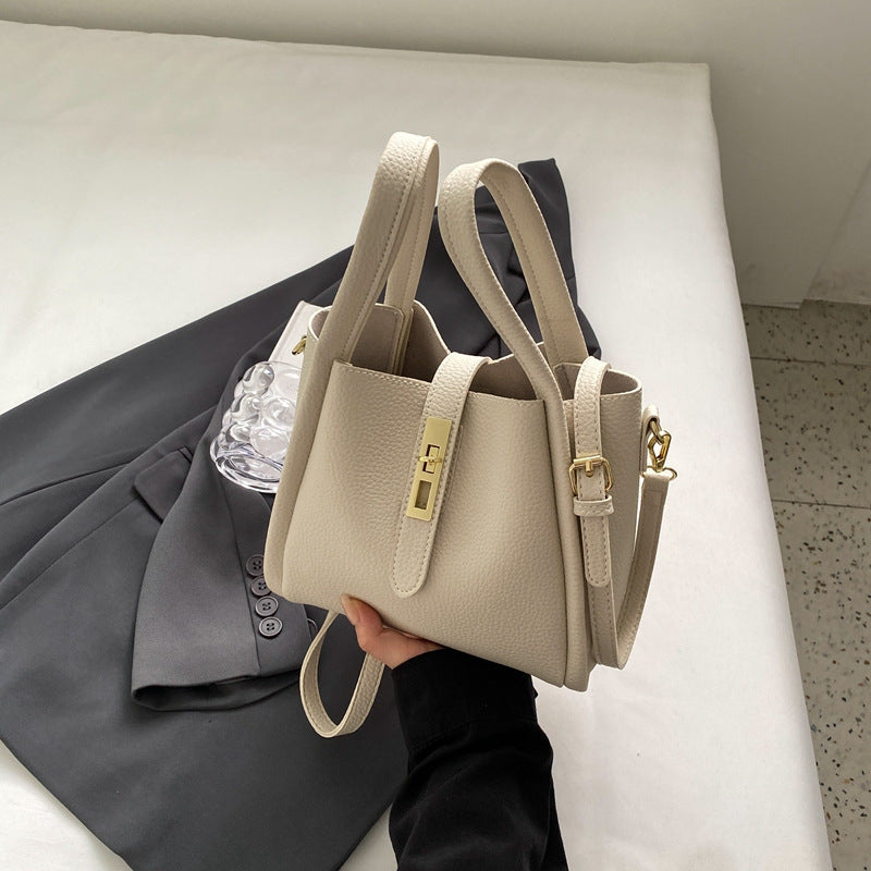 Beige Elegant Leather Shoulder Bag - Compact Handbag with Adjustable Strap