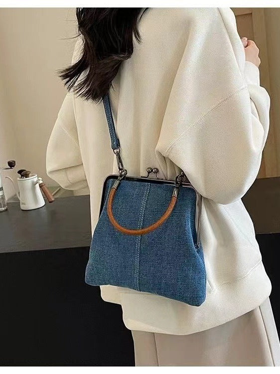 Blue Handmade Denim Patchwork Small Crossbody Bag – Women’s Shoulder & Handbag with Vintage Style
