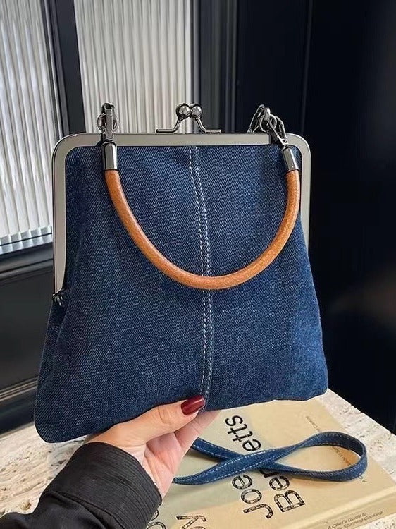 Blue Handmade Denim Patchwork Small Crossbody Bag – Women’s Shoulder & Handbag with Vintage Style