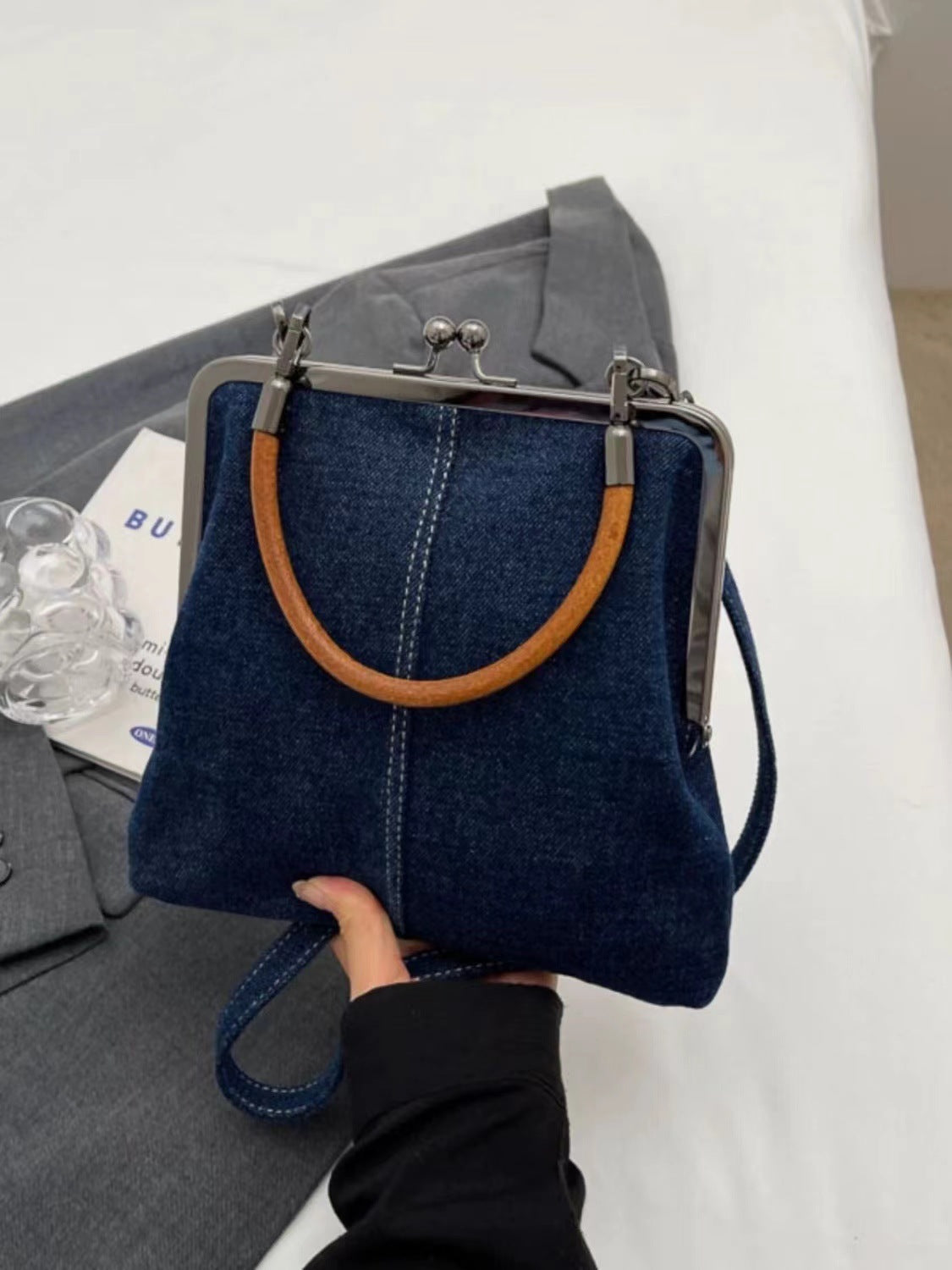 Dark Blue Handmade Denim Patchwork Small Crossbody Bag - Women's Shoulder & Handbag with Vintage Style