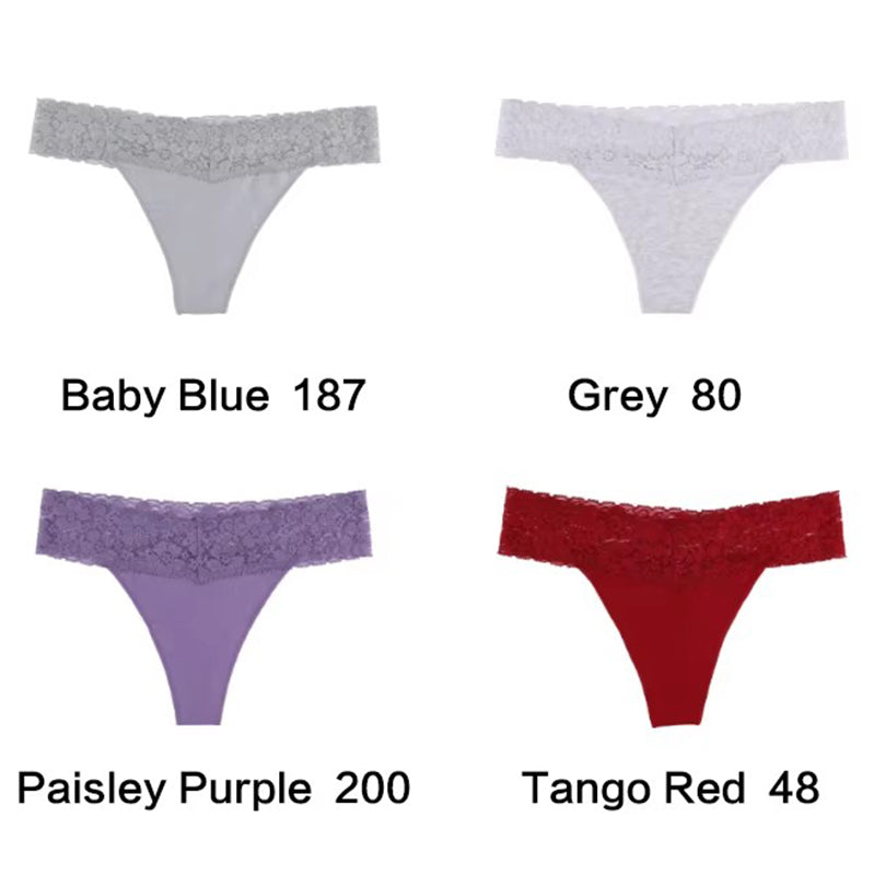 Size L Lace-Trimmed Thong Underwear - 4-Pack in Baby Blue,Grey,Paisley Purple and Tange Red