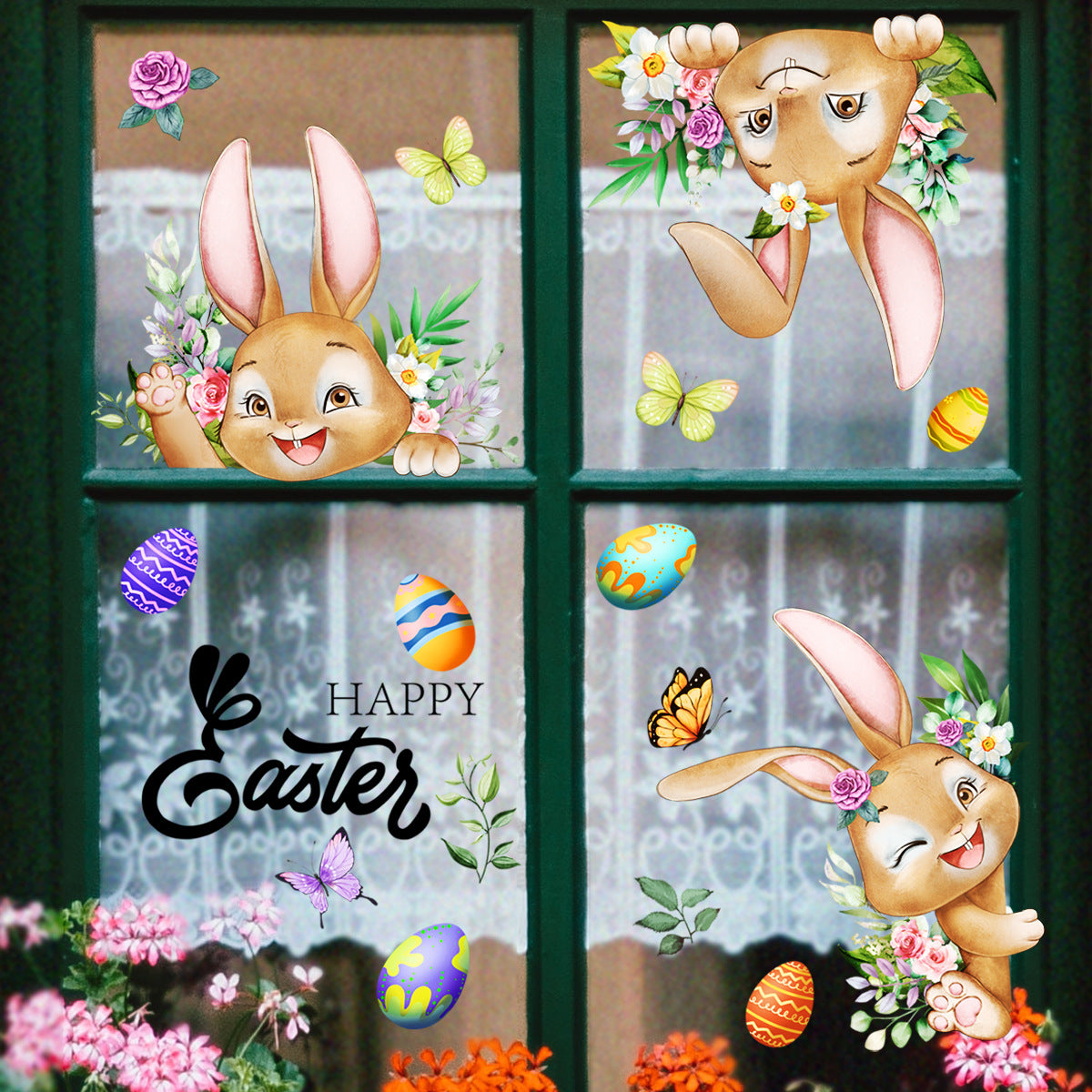 3 Sheet, Creative Easter Bunny & Egg Window Decal - Adhesive Wall Stickers for Living Room & Bedroom (60cm x 30cm)