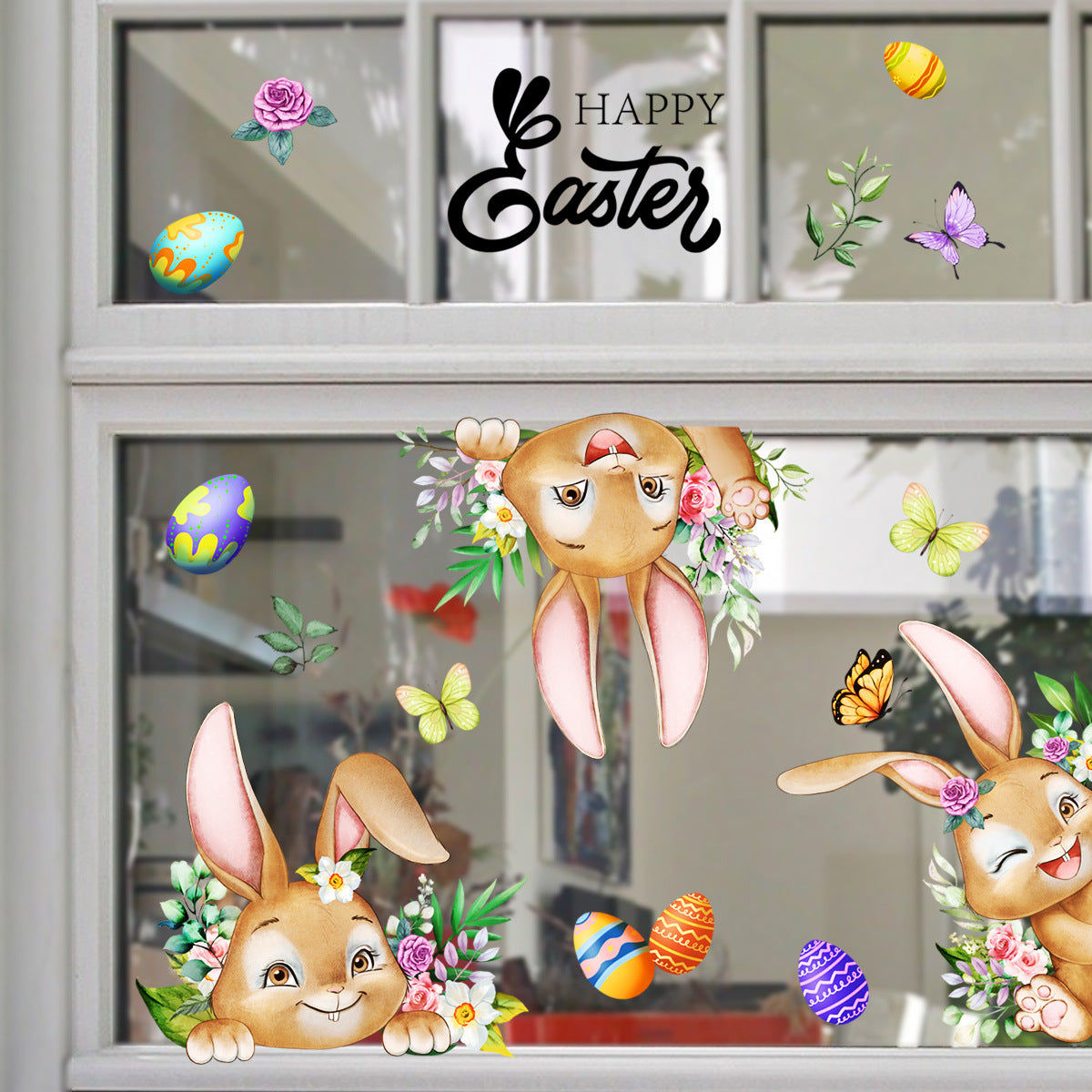 3 Sheet, Creative Easter Bunny & Egg Window Decal - Adhesive Wall Stickers for Living Room & Bedroom (60cm x 30cm)