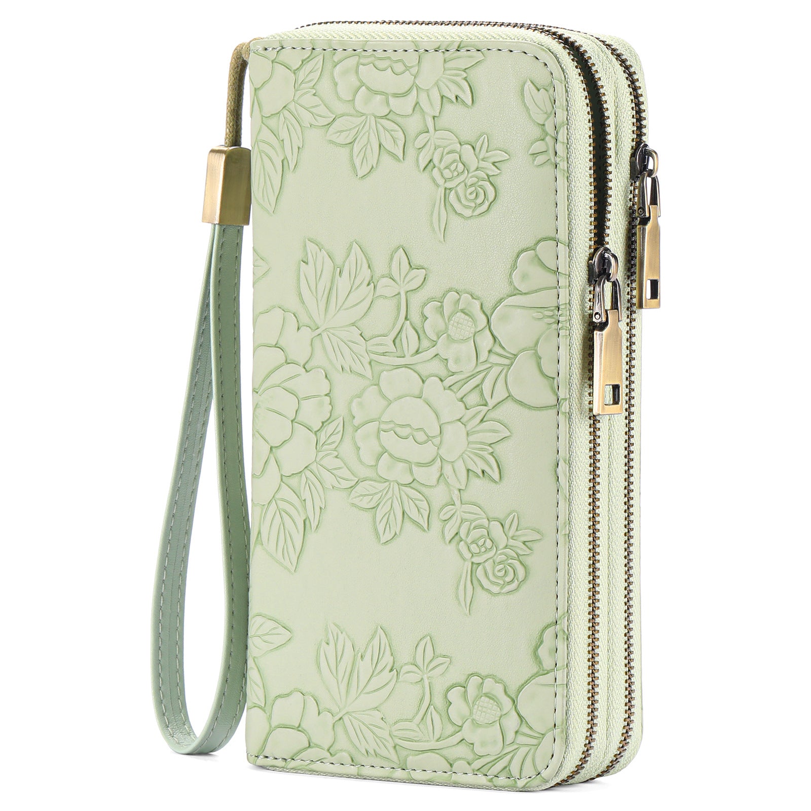 Women's Large Capacity Double Zip Wallet Clutch | PU Leather Floral Embossed Wristlet | Phone Holder with 24 Card Slots - Green