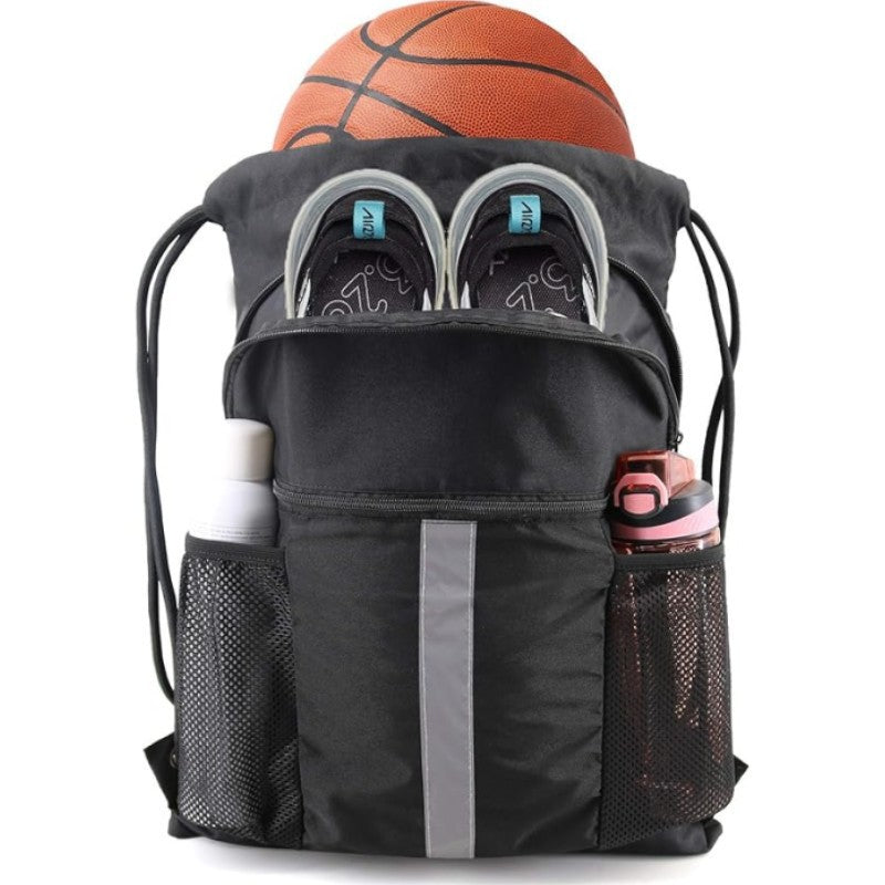 Black Multi-Pocket Drawstring Backpack Gym Bag with Zipper Compartments, Bottle Holders & Reflective Strip