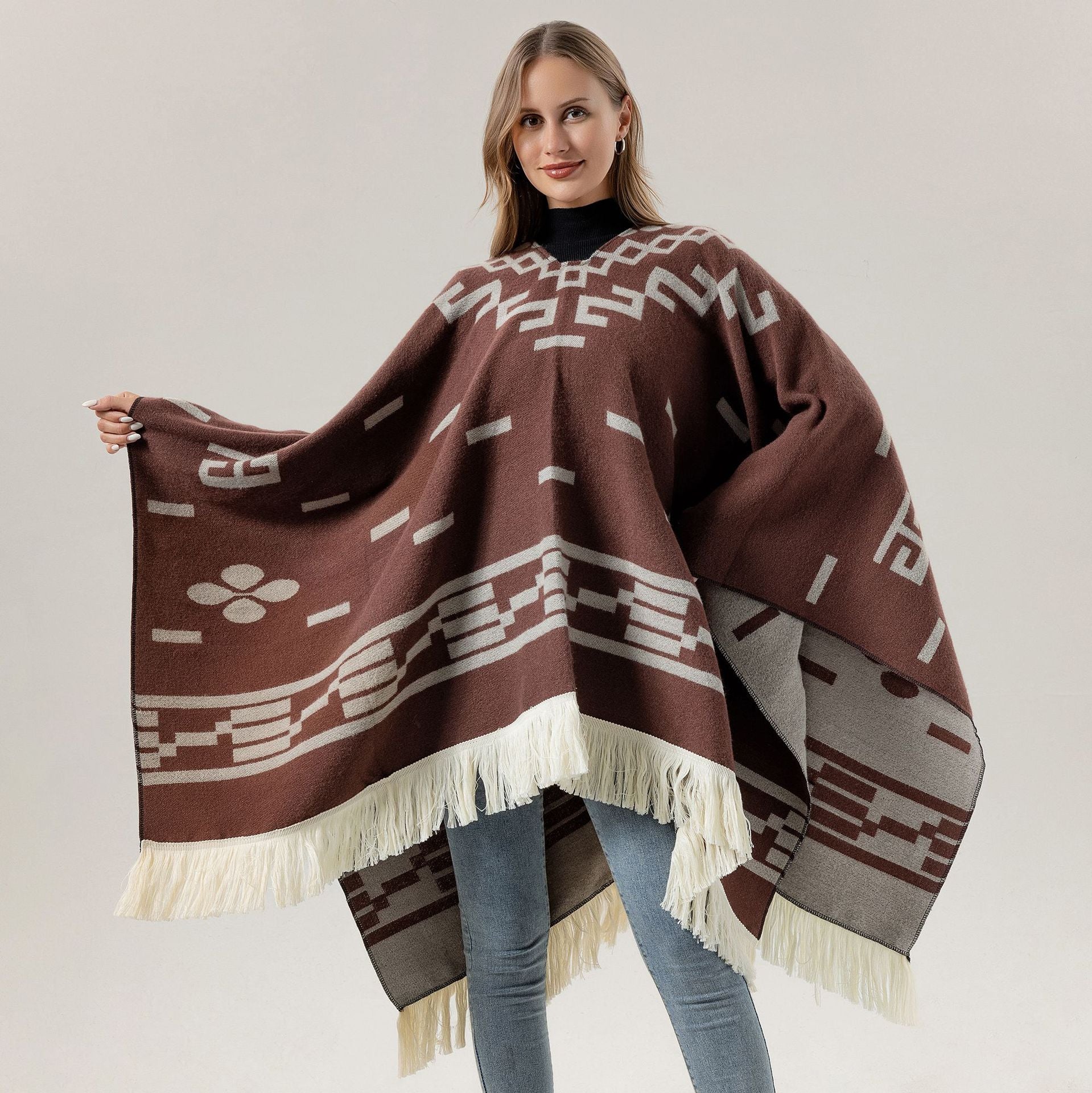 Green Women's Versatile Faux Cashmere Poncho Cape Shawl with Geometric Pattern & Fringe Trim - One Size
