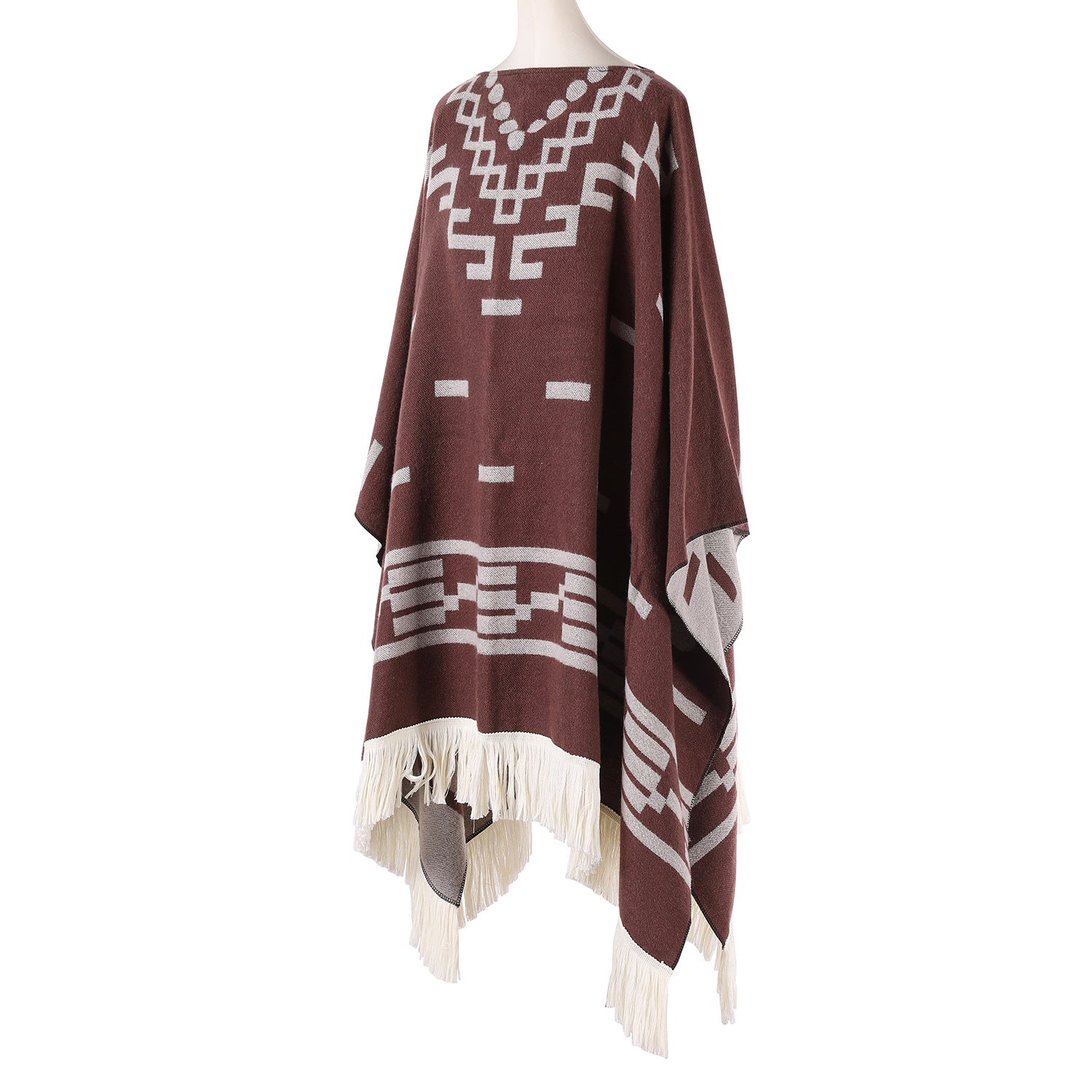 Coffee Women's Versatile Faux Cashmere Poncho Cape Shawl with Geometric Pattern & Fringe Trim - One Size