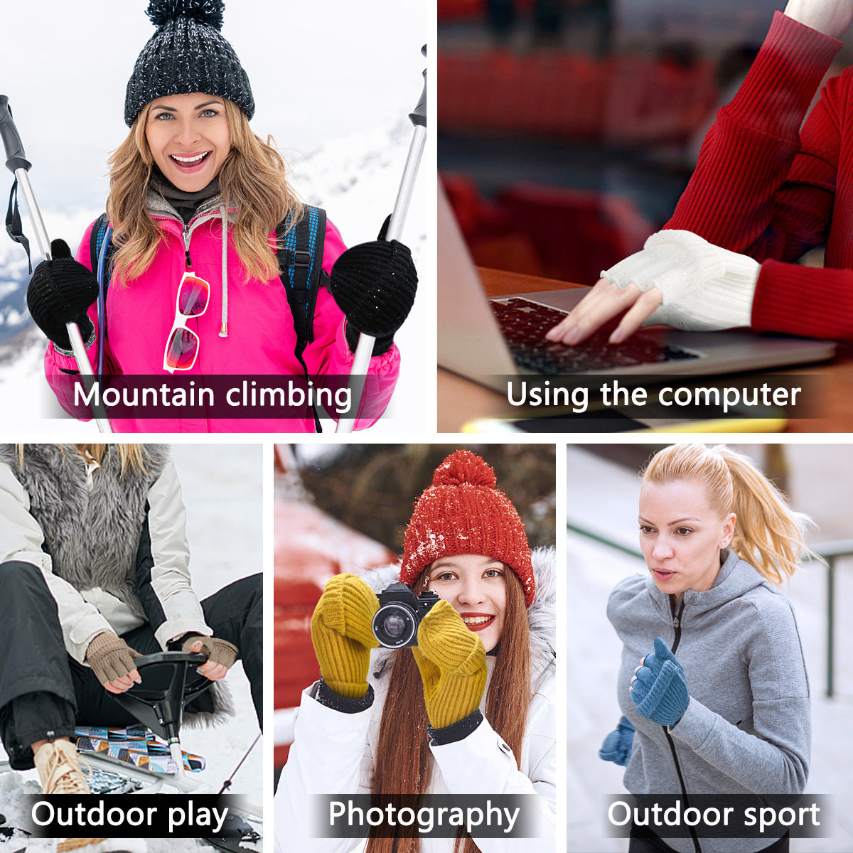 Black Winter Convertible Mittens - Warm Knitted 2-in-1 Fingerless Gloves with Flip Top Cover for Cold Weather