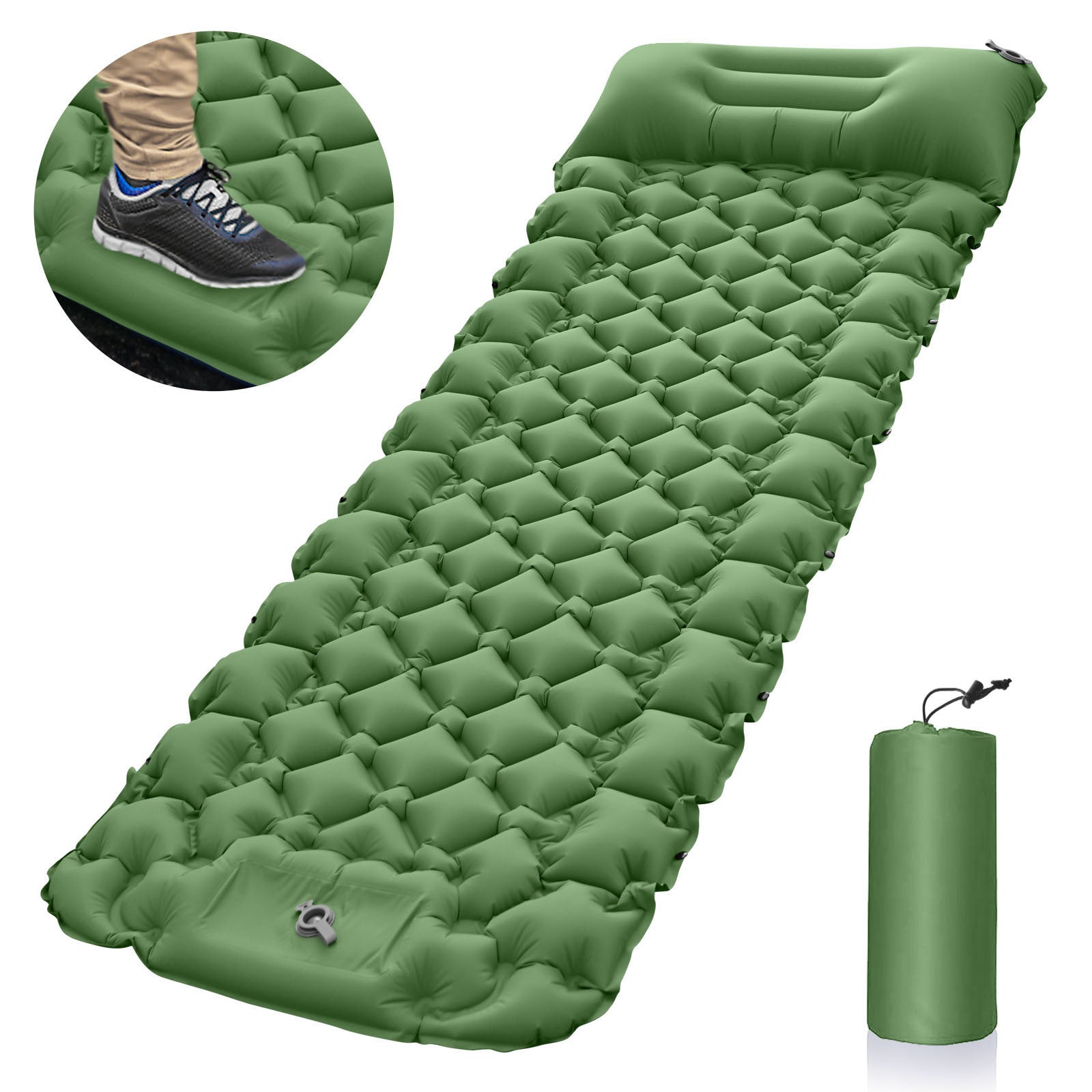 Green Portable Outdoor Inflatable Mat - Foot-Operated Camping Sleeping Pad