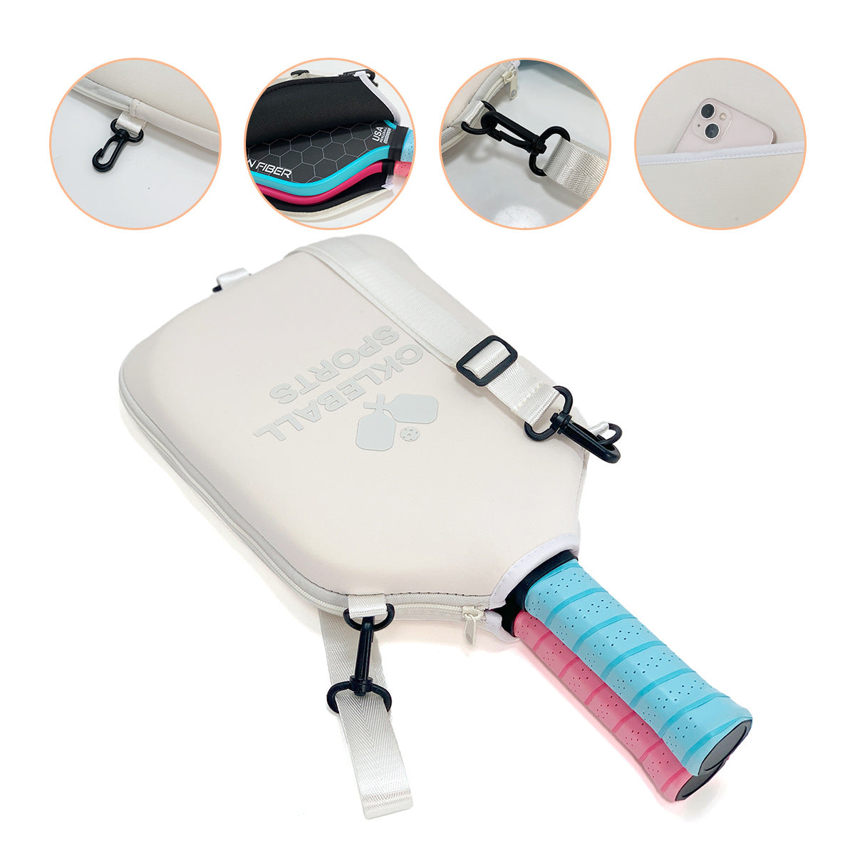 SA04 Beige Neoprene Pickleball Paddle Cover (racket not included) - Protective Crossbody Bag with Adjustable Shoulder Strap and Fence Hook - Universal Lightweight Paddle Case for All Skill Levels