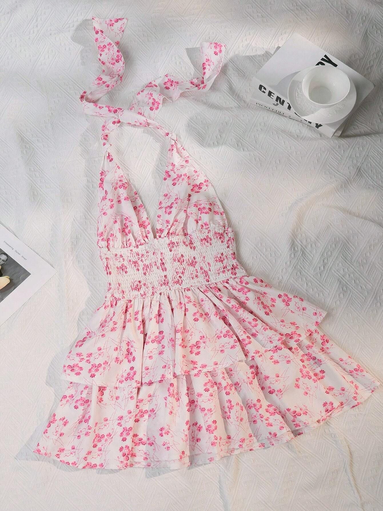 S Pink Chic Floral Halter Mini Dress - Ruffled Hem, Open Back - Perfect for Vacation
