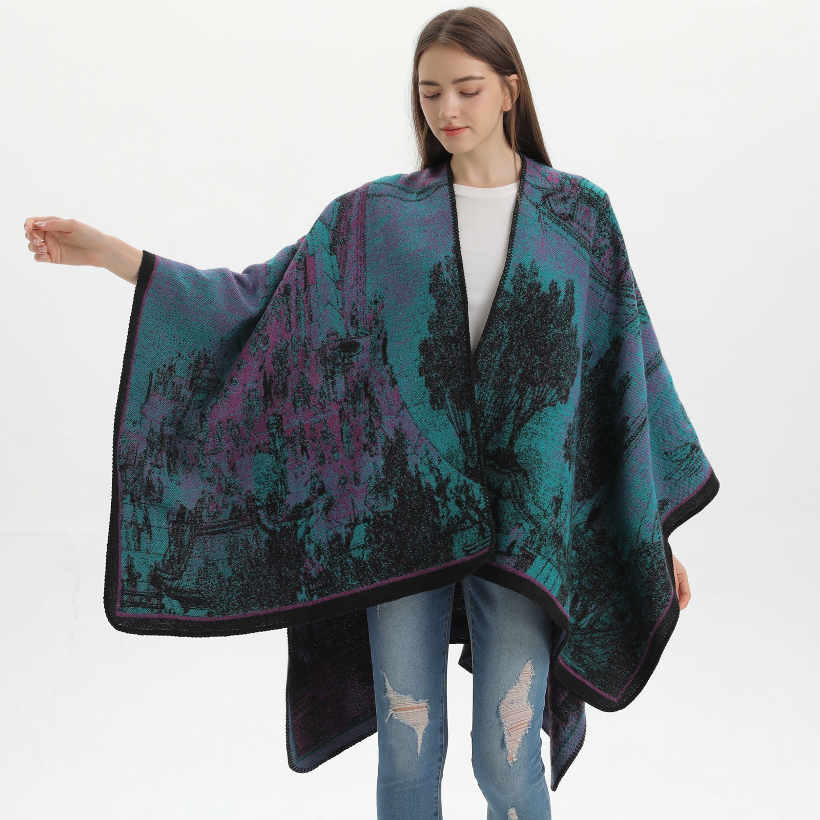 Cashew Crush - Black Camel Elegant Autumn Winter Shawl - Artistic Split-Design Knit Cloak with Oil Painting Style