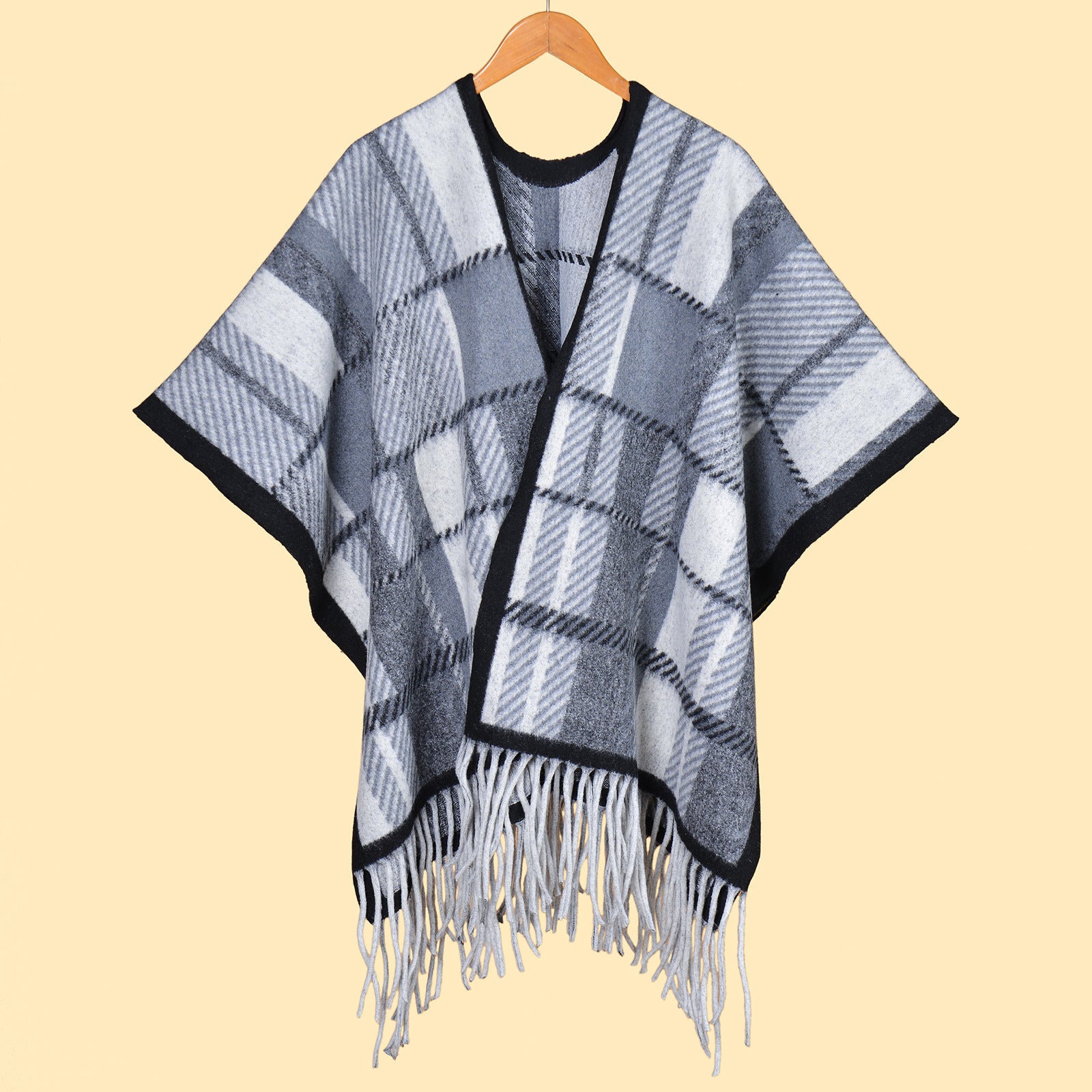 Barbagh Black Grey Elegant Autumn Winter Shawl - Artistic Split-Design Knit Cloak with Oil Painting Style