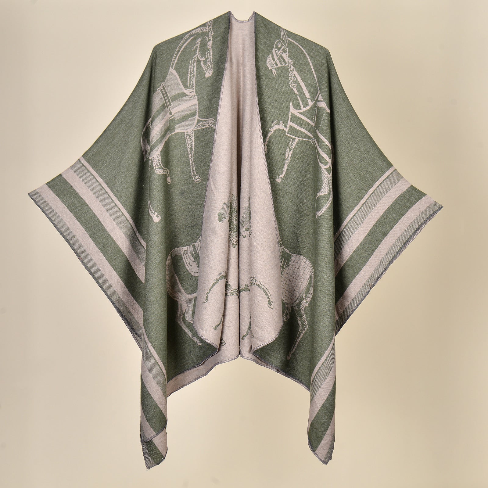 War Horse Green Elegant Autumn Winter Shawl - Artistic Split-Design Knit Cloak with Oil Painting Style