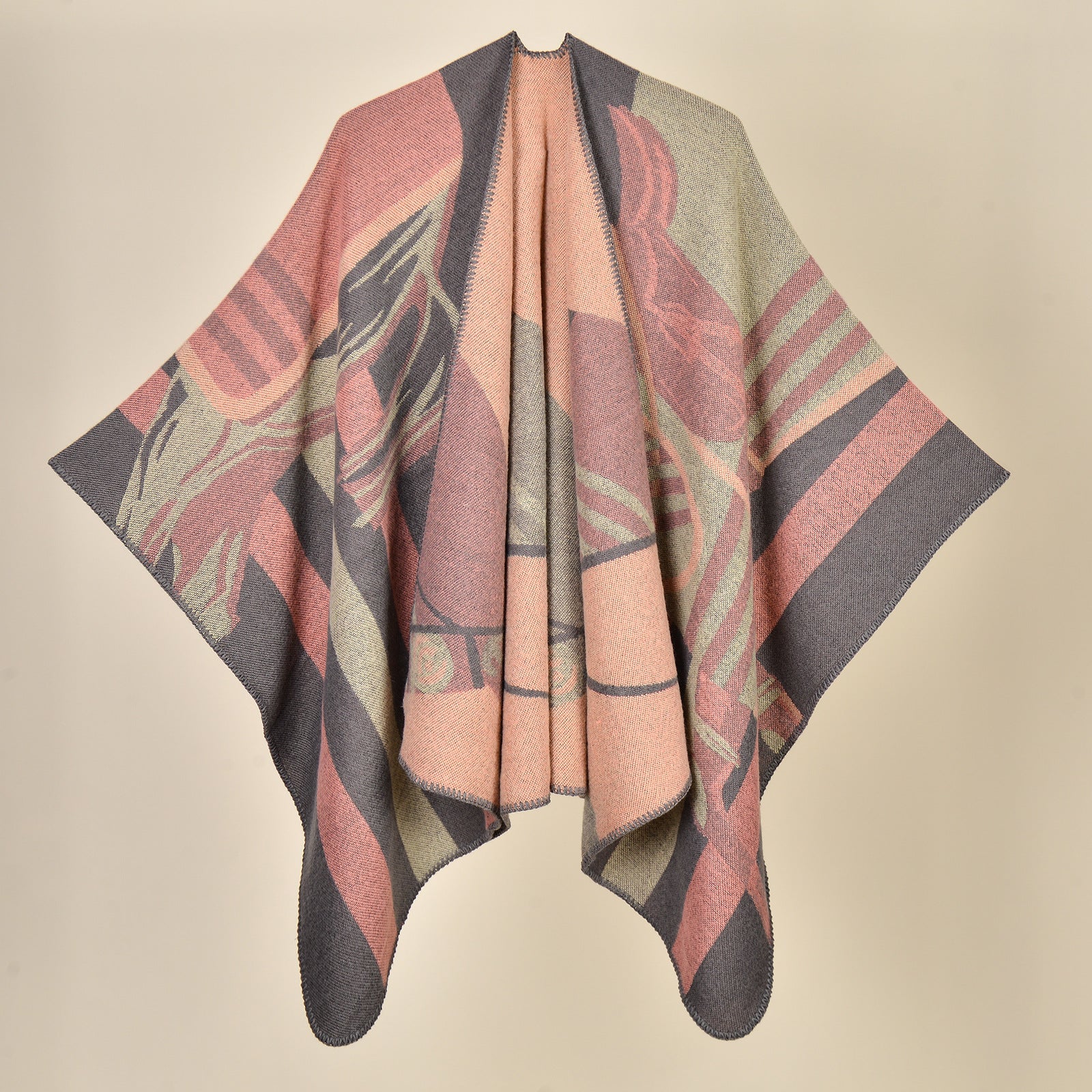 Dumas Pink Elegant Autumn Winter Shawl - Artistic Split-Design Knit Cloak with Oil Painting Style