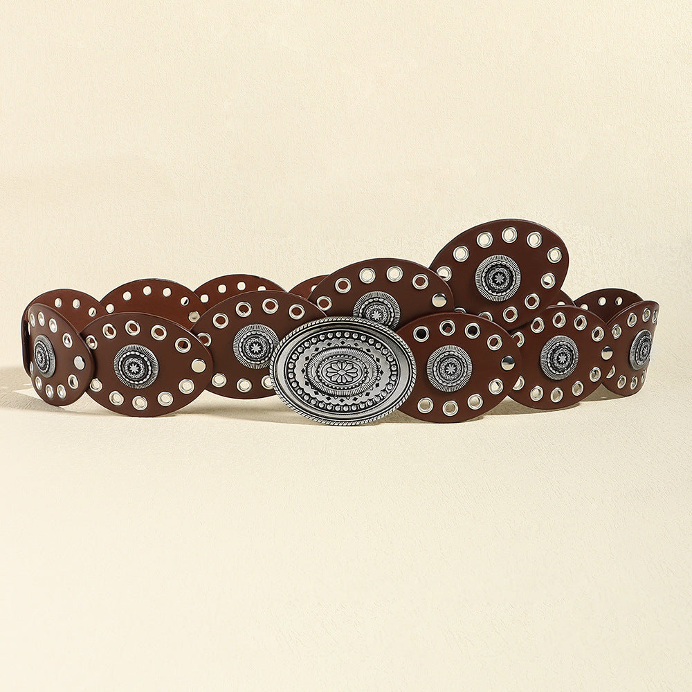 Red Brown Vintage Western Post-Apocalyptic Women's Waist Belt with Eyelet Oval Carvings