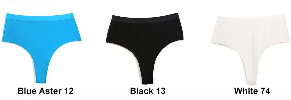 3 pcs(White+Black+Blue Aster) High-Waisted Solid Color Cotton Comfort Plus Size Tummy Control Thong Panties for Women – Size L