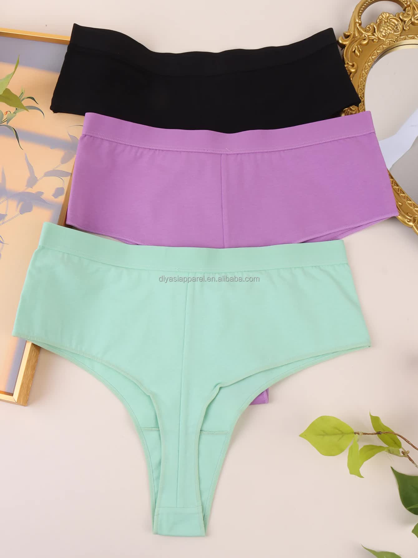 3 pcs(MINT green+Black+Violet) High-Waisted Solid Color Cotton Comfort Plus Size Tummy Control Thong Panties for Women – Size L