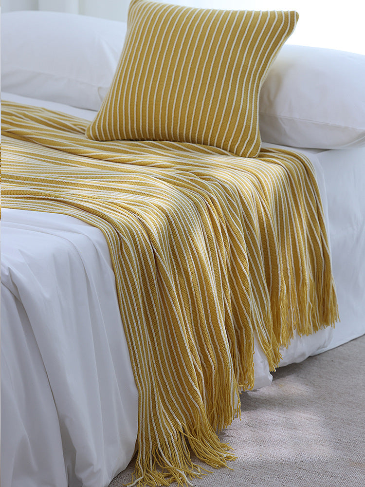 Yellow Cozy Knit Throw Blanket with Fringe - Stylish Striped Bed End Cover, 127x220CM