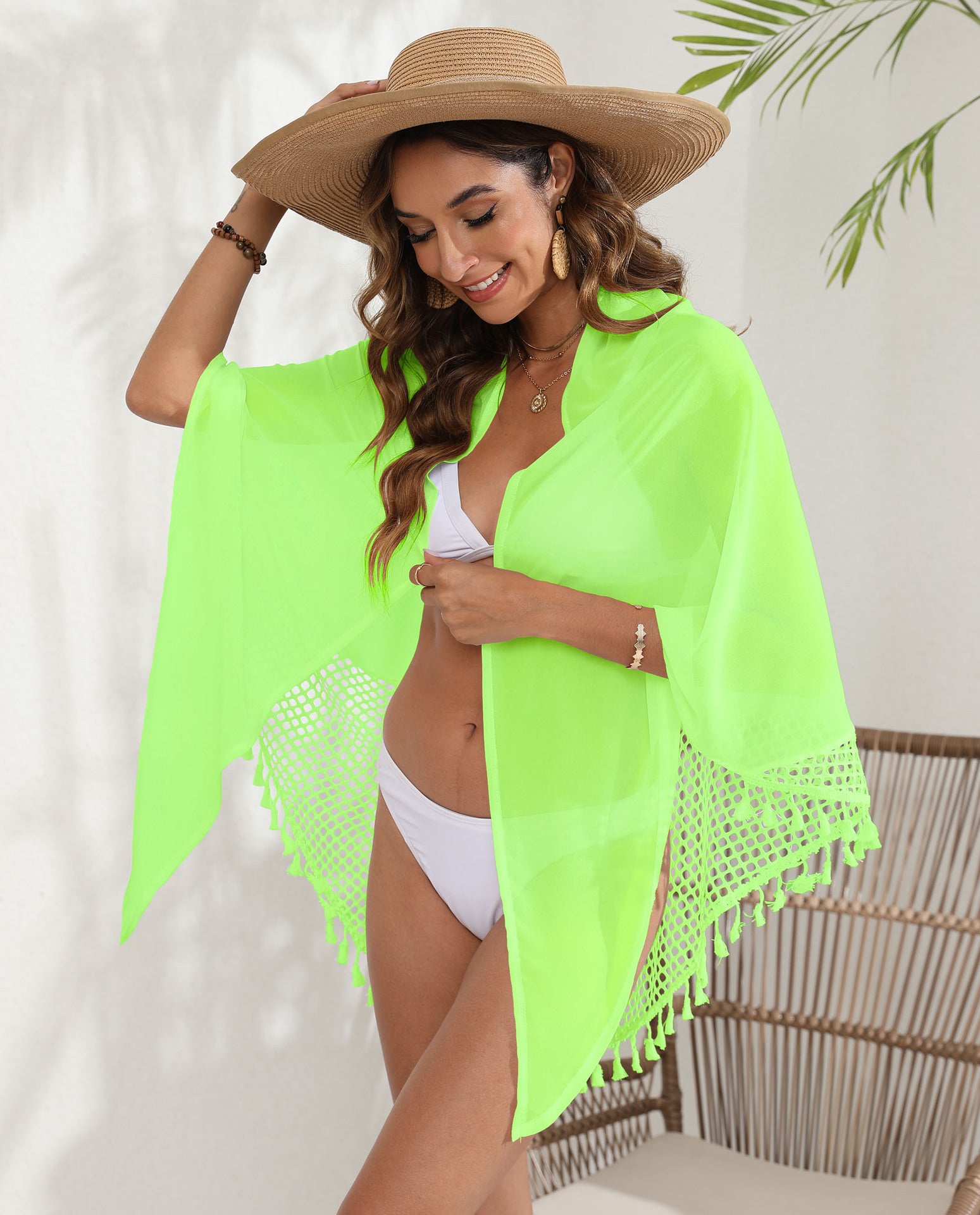 Fluorescent green Women's Mesh Detail Beach Wrap - Tassel Trim Swim Cover-Up 95x195cm