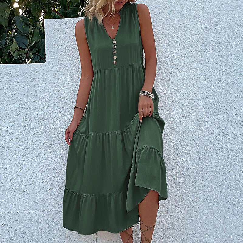 Green Flowy Sleeveless Midi Dress - Sleeveless solid sundress with decorative buttons Size S