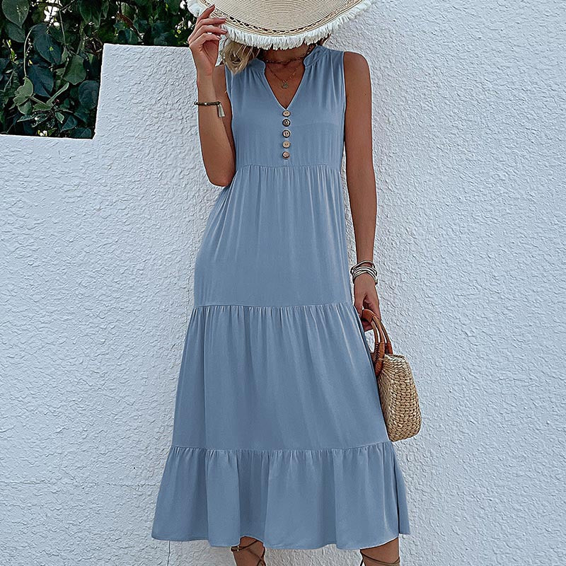 Light blue Flowy Sleeveless Midi Dress - Sleeveless solid sundress with decorative buttons Size L