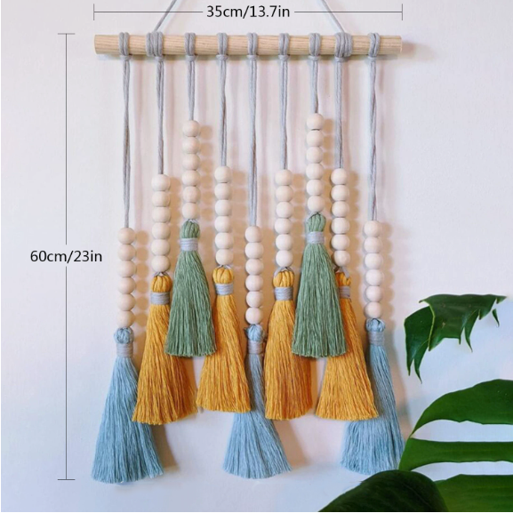 Colorful Tassel Wall Hanging-Wooden Beads Boho Tapestry Home Decor (Light Blue)