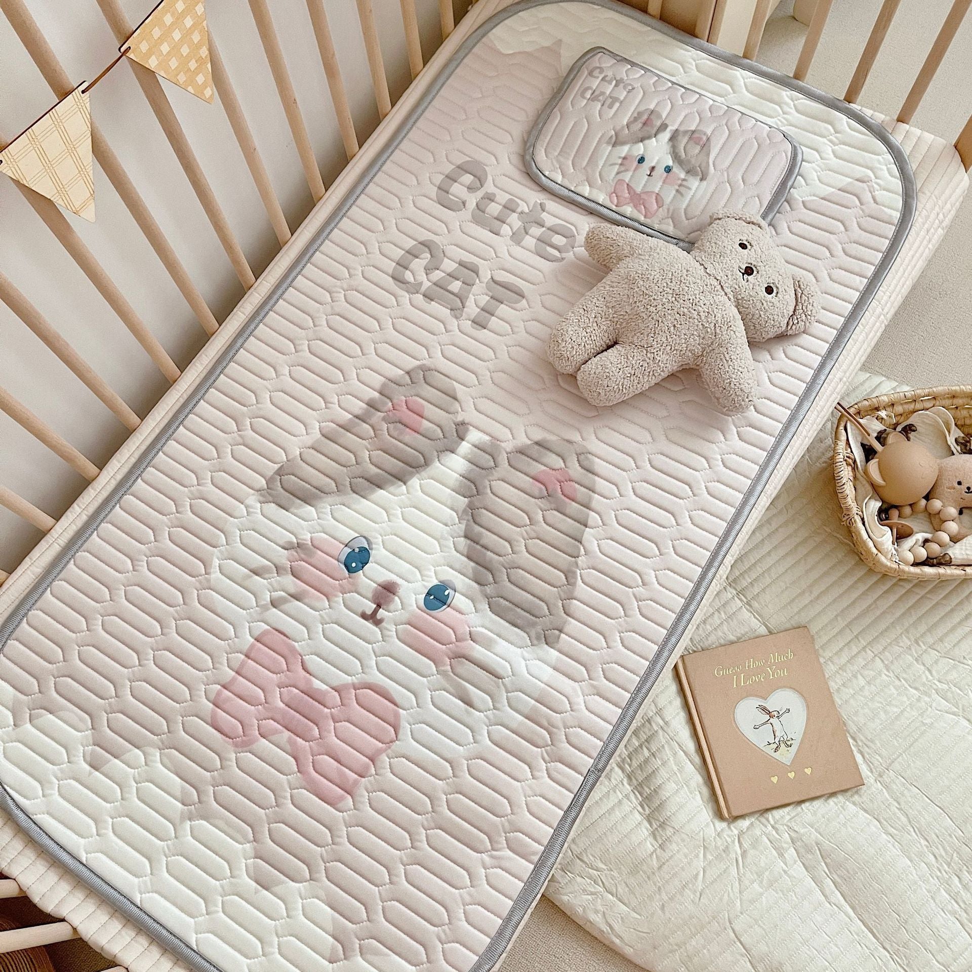 Cute Cat Pattern 2 Piece Set Kids Cooling Pad Set - 60x120cm Cartoon Latex Mattress Protector, Pillow