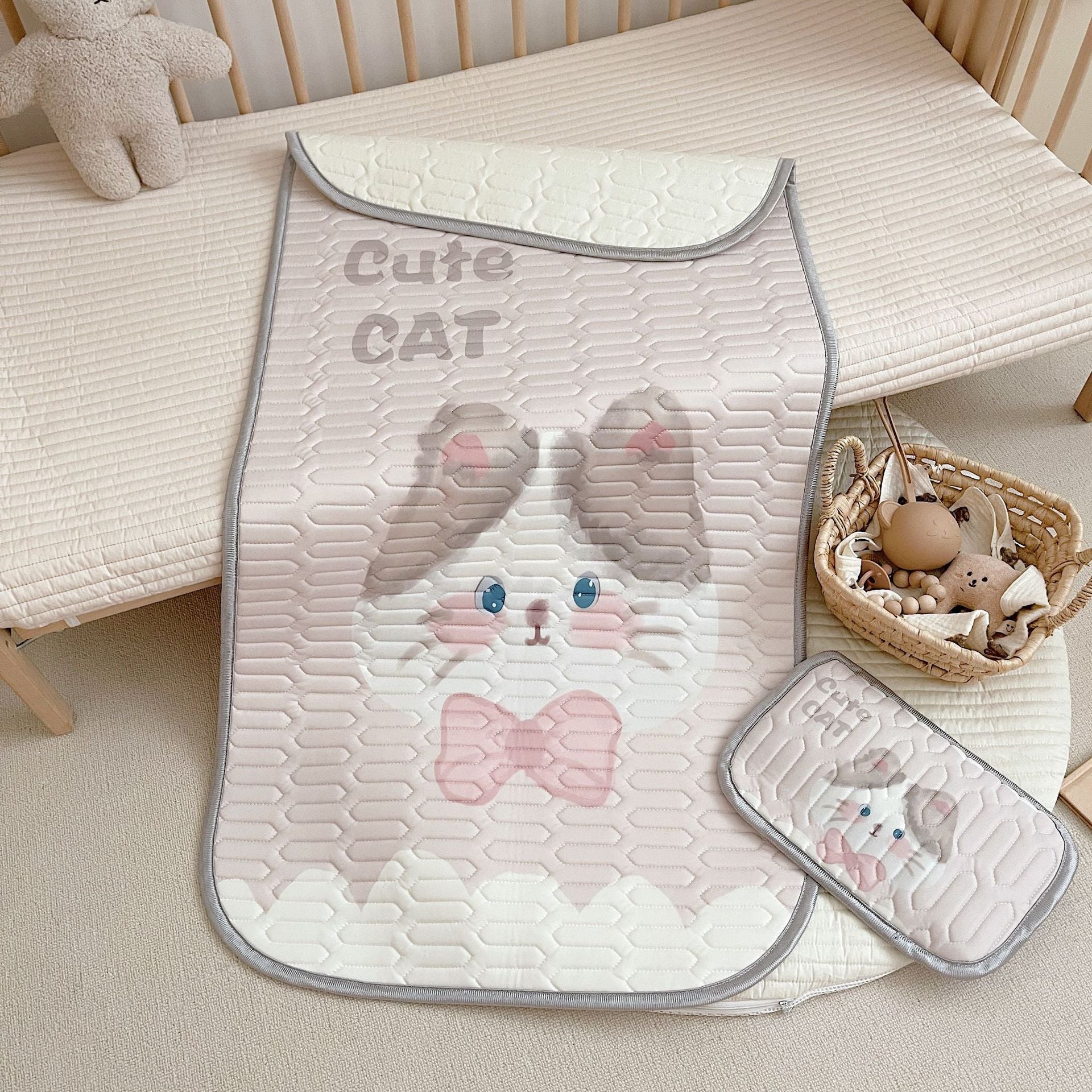 Cute Cat Pattern 2 Piece Set Kids Cooling Pad Set - 60x120cm Cartoon Latex Mattress Protector, Pillow