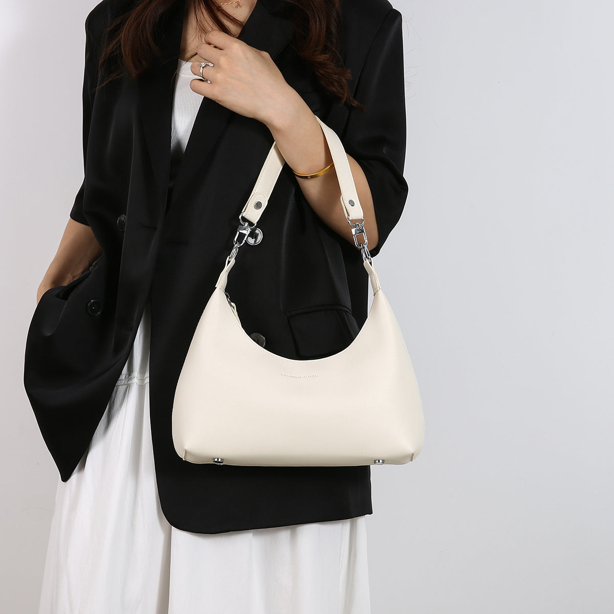 Off White Women's Trendy PU Leather Shoulder Bag - Fashionable Underarm Hobo Bag with Adjustable Strap
