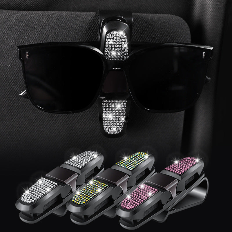 6 Pcs Green Luxury Rhinestone Car Sun Visor Glasses Clip - Multi-Functional, 180° Rotatable, ABS Material