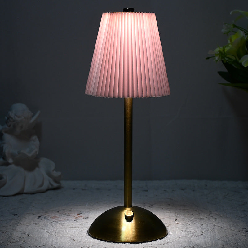 Pink Elegant Pleated Fabric Table Lamp - 3-Color LED, USB Rechargeable, Touch Dimming