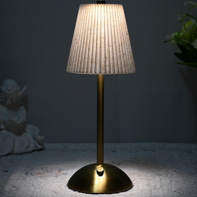 Beige Elegant Pleated Fabric Table Lamp - 3-Color LED, USB Rechargeable, Touch Dimming