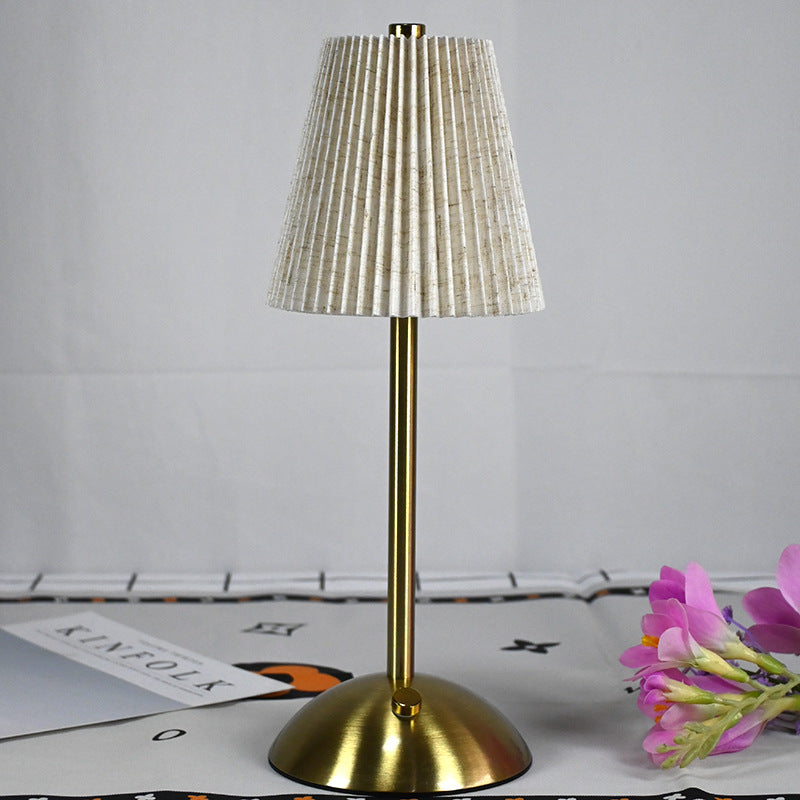 Beige Elegant Pleated Fabric Table Lamp - 3-Color LED, USB Rechargeable, Touch Dimming