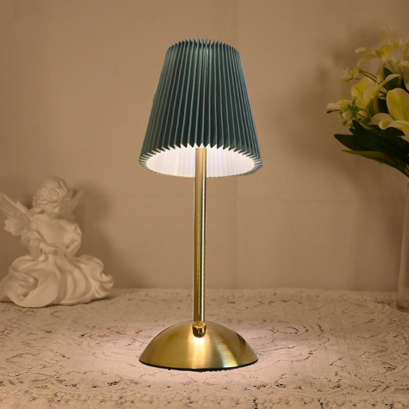 Green Elegant Pleated Fabric Table Lamp - 3-Color LED, USB Rechargeable, Touch Dimming