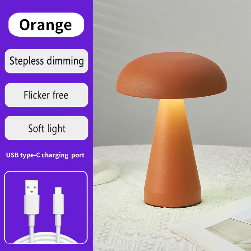 Orange Metal Mushroom Table Lamp - Rechargeable Touch Control Ambient Light with Remote
